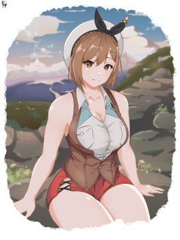 1girl arm_support atelier_(series) atelier_ryza atelier_ryza_3 beret braid breasts brown_eyes brown_hair brown_vest cleavage crown_braid hair_ornament hat highres large_breasts red_shorts reisalin_stout rizyznn short_hair short_shorts shorts sitting smile solo thighs vest white_hat x_hair_ornament