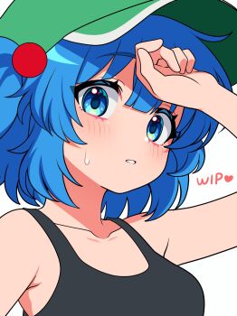 1girl black_sports_bra blue_eyes blue_hair bra collarbone commentary_request green_hat hair_between_eyes hand_on_own_face hat highres ishiki_nuru kawashiro_nitori light_blush looking_at_viewer open_mouth solo sports_bra sweatdrop touhou underwear white_background