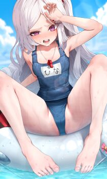 1girl absurdres arm_above_head armpits bare_arms bare_legs bare_shoulders barefoot blue_archive blue_one-piece_swimsuit blue_sky blush breasts cameltoe cloud covered_navel day demon_horns dot_nose feet fingernails hair_ornament hair_over_shoulder hairclip highres hina_(blue_archive) hina_(swimsuit)_(blue_archive) horns huge_filesize innertube loli long_hair looking_at_viewer mikelee0614 name_tag old_school_swimsuit on_innertube on_water one-piece_swimsuit open_mouth outdoors parted_bangs purple_eyes school_swimsuit side_ponytail sitting sky small_breasts solo spread_legs swim_ring swimsuit teeth thighs toenails toes very_long_hair wet wet_clothes whistle whistle_around_neck white_hair