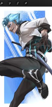 1boy art_program_in_frame belt black_boots black_collar black_pants black_shirt black_skin black_wrist_cuffs bleach bleach:_sennen_kessen-hen blue_background blue_eyes blue_eyeshadow blue_hair boots border claws collar collared_jacket colored_extremities colored_skin energy_claws espada eyeshadow facepaint facing_to_the_side frown grimmjow_jaegerjaquez hair_between_eyes highres ikuyoan jacket katana looking_to_the_side makeup male_focus multiple_belts official_alternate_costume open_clothes open_jacket outside_border pants parted_lips scabbard sheath sheathed shirt short_hair signature silver_trim smile solo striped_background sword twitter_username weapon white_belt white_border white_jacket wrist_cuffs