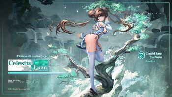 Rule 34 | 1girl, artist request, black shoes, blue eyes, book of yog, breasts, brown eyes, china dress, chinese clothes, closed mouth, copyright notice, detached sleeves, double bun, dress, floral print, floral print dress, from side, hair bun, highres, long hair, looking at viewer, official art, on branch, print dress, shoes, short dress, solo, thighhighs, white dress, white sleeves, white thighhighs, yan dingling (book of yog)