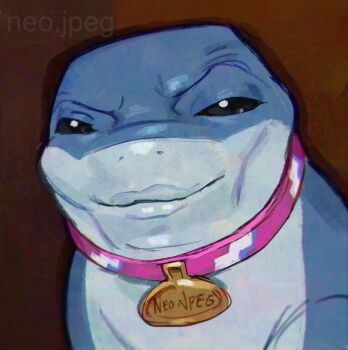 absurdres animal_focus artist_name black_eyes cheekbones collar commentary english_commentary highres jeff_(marvel) kazuya_guy_(meme) looking_at_viewer marvel marvel_rivals meme my_name_is_skyler_white_yo_(meme) neo_jpeg no_humans pink_collar shark solo