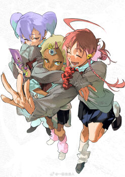 Rule 34 | 3girls, ^ ^, ahoge, aqua hair, arm around neck, atie1225, black footwear, blonde hair, blue skirt, blush, braid, brown eyes, cardigan, cellphone, cellphone charm, charm (object), closed eyes, closed mouth, collared shirt, commentary, dark-skinned female, dark skin, eyelashes, fingernails, flip phone, forehead jewel, freckles, full body, ganguro, gradient hair, grey cardigan, gyaru, hair ornament, hair scrunchie, hairclip, hand to own mouth, happy, highres, holding, holding phone, hug, lal'c mellk mal, leg warmers, long hair, long sleeves, looking at viewer, low ponytail, lower teeth only, miniskirt, multicolored hair, multiple girls, nono (top wo nerae 2!), open mouth, phone, pink eyes, pink hair, pink leg warmers, pink scrunchie, pleated skirt, ponytail, purple hair, school uniform, scrunchie, shirt, shoes, short hair, short twintails, side braid, simple background, single braid, skirt, sleeves past fingers, sleeves past wrists, smile, standing, symbol-only commentary, teeth, top wo nerae!, top wo nerae! (series), top wo nerae 2!, twintails, tycho science, uwabaki, watermark, weibo watermark, white background, white footwear, white leg warmers, white nails, white shirt