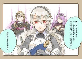 1boy 2girls armor aura blonde_hair camilla_(fire_emblem) circlet closed_eyes female_corrin_(fire_emblem) crossed_arms dark_aura fire_emblem fire_emblem_fates hair_over_one_eye hairband long_hair multiple_girls nintendo parted_lips purple_hair red_eyes robaco short_hair simple_background smile tiara twitter_username upper_body white_background white_hair xander_(fire_emblem)