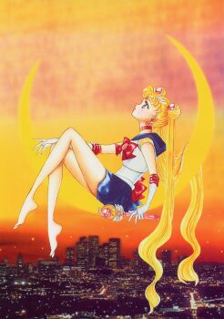 1990s_(style) 1girl absurdres artbook barefoot bishoujo_senshi_sailor_moon blonde_hair blue_eyes blue_sailor_collar blue_skirt choker crescent crescent_earrings double_bun earrings from_side full_body gloves hair_bun highres holding holding_weapon incredibly_absurdres jewelry long_hair magical_girl non-web_source official_art pale_skin parted_lips red_choker retro_artstyle sailor_collar sailor_moon sailor_senshi_uniform scan sitting skirt skyline solo sunset takeuchi_naoko tsukino_usagi twintails very_long_hair wavy_hair weapon weapon_request white_gloves