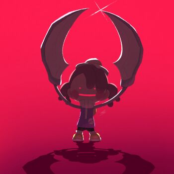 1girl arms_up blade_arm blush blush_stickers brown_hair commentary_request ditto ewokakukaede female_protagonist_(pokemon_pokopia) full_body gen_1_pokemon glint hat highres nintendo pokemon pokemon_pokopia purple_shirt red_background red_eyes scyther shadow shirt shoes smile solid_circle_eyes solo standing straight-on transformed_ditto twintails white_hat yellow_shoes