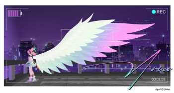 Rule 34 | 1girl, absurdres, angel wings, aria (zenless zone zero), boots, building, city, cityscape, dress, feathered wings, glanze virtual, gradient wings, halo, highres, multicolored wings, night, oversized wings, pink hair, quad tails, short dress, solo, viewfinder, white boots, white dress, wings, zenless zone zero