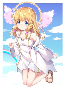 1girl absurdres angel blonde_hair blue_eyes bug closed_mouth cloud cloudy_sky colorful day fly highres insect long_sleeves looking_at_viewer low_ponytail medium_hair multicolored_eyes original outdoors ponytail rainbow sandals sky smile solo zoirun