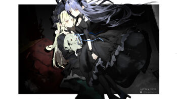 Rule 34 | 2girls, absurdres, arknights, bang dream!, bang dream! it's mygo!!!!!, black dress, black pantyhose, black wrist cuffs, blue hair, commentary request, dress, green hair, highres, hug, juliet sleeves, long hair, long sleeves, looking at viewer, multiple girls, pantyhose, puffy sleeves, shenwanjia, short sleeves, sidelocks, stuffed animal, stuffed rabbit, stuffed toy, togawa sakiko, togawa sakiko (master of melodia), wakaba mutsumi, wakaba mutsumi (marionette's id), wrist cuffs, yellow eyes