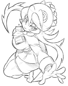 Rule 34 | 1girl, filia (skullgirls), looking at viewer, macholor, monochrome, necktie, pocket, samson (skullgirls), simple background, skullgirls, smile, solo, teeth, thighs