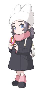 1girl ansha_(pokemon) bag black_coat black_hair blue_eyes blush closed_mouth coat commentary_request donut emapippi eyelashes food full_body hat highres holding holding_donut holding_food leg_warmers long_hair long_sleeves looking_at_viewer nintendo pink_leg_warmers pink_scarf pokemon pokemon_legends:_z-a scarf simple_background smile solo white_background white_bag white_hat winter_clothes winter_coat