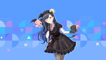 1girl :3 ;3 ;d alternate_costume berry_(sanrio) black_dress black_gloves black_hair black_hairband black_hat black_wings blue_background blue_hair brooch cherry_(sanrio) closed_mouth collared_dress colorful_palette dress earrings frilled_dress frills fuwa_fuwa_cinnamoroll game_cg gloves gradient_hair grey_pantyhose grin hair_ornament hairband hat head_wings highres horns jewelry lloromannic lolita_hairband long_hair multicolored_hair official_art one_eye_closed open_mouth orange_eyes pantyhose project_sekai puffy_short_sleeves puffy_sleeves sanrio shiraishi_an short_sleeves single_earring single_head_wing single_horn smile star_(symbol) star_hair_ornament tail teeth third-party_source top_hat triangle wings yellow_horns