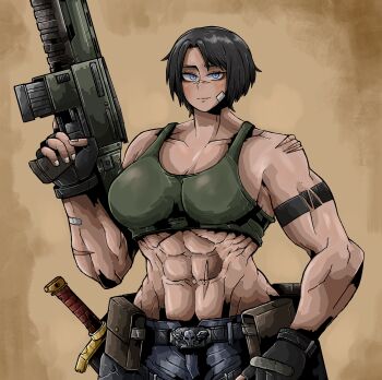 abs absurdres arm_tattoo bandage_on_face bandages belt black_hair blue_eyes catachan_jungle_fighter dark_skin fingerless_gloves gloves green_tank_top highres lasgun looking_at_viewer muscular muscular_female octosoup pouch scar scar_on_face scar_on_nose scar_on_stomach short_hair simple_background smile sword tank_top tattoo trigger_discipline warhammer_40k weapon