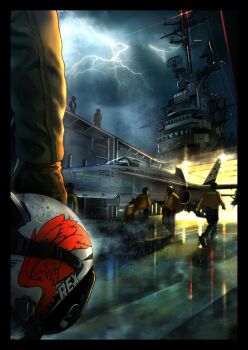 6+boys ace_combat ace_combat_8 aircraft aircraft_carrier aircraft_marshaller airplane black_border border brown_gloves cloud cloudy_sky commentary_request f-18_hornet fighter_jet flight_deck gloves green_jacket green_pants helmet highres jacket lightning mast military_vehicle missile multiple_boys outdoors pants pilot_helmet radar rain ship sky timmyyen vehicle_focus vest warship watercraft yellow_vest