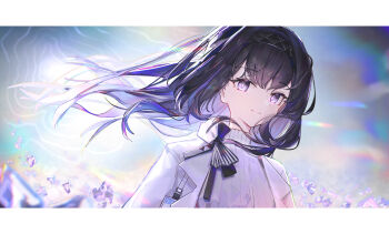 1girl absurdres andersonalac arknights aura black_hair black_hairband chinese_commentary closed_mouth commentary_request day gradient_hair hairband highres lens_flare letterboxed looking_at_viewer multicolored_hair outdoors priestess_(arknights) purple_eyes purple_hair ribbed_sweater smile solo sunlight sweater turtleneck turtleneck_sweater upper_body white_sweater wind