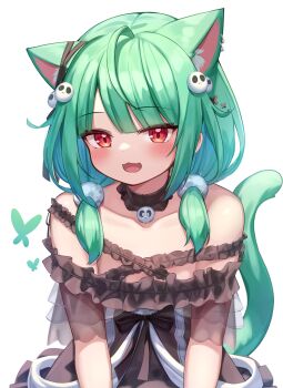 1girl :3 :d absurdres animal_ears bare_shoulders black_choker black_dress blush bug butterfly cat_ears cat_girl cat_tail choker collarbone deaver dress ear_piercing extra_ears frilled_dress frills green_hair hair_bobbles hair_ornament hair_over_shoulder highres hololive insect long_hair looking_at_viewer low_twintails off-shoulder_dress off_shoulder open_mouth piercing red_eyes see-through_clothes simple_background skull_hair_ornament smile solo tail twintails upper_body uruha_rushia uruha_rushia_(3rd_costume) virtual_youtuber white_background