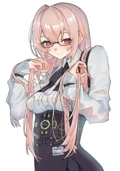 1girl alternate_breast_size_(smaller) blush breasts closed_mouth commentary_request czc9q2 dress_shirt glasses hands_up high-waist_skirt highres holding holding_own_hair id_card long_hair looking_at_viewer medium_breasts no_gloves pencil_skirt pink_eyes pink_hair shirt simple_background skirt smile solo tsukishiro_yanagi upper_body white_background white_shirt zenless_zone_zero