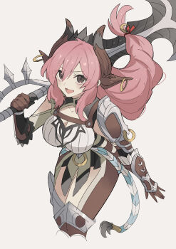 1girl absurdres arm_guards armor breasts brown_eyes brown_gloves cleavage cleavage_cutout clothing_cutout cow_horns double-parted_bangs floating_hair george_man gloves hair_between_eyes highres holding holding_sword holding_weapon horn_ornament horn_ring horns huge_weapon large_breasts long_hair looking_at_viewer low-tied_long_hair open_mouth over_shoulder pauldrons pink_hair raging_bull_(ys) shoulder_armor smile solo sword thigh_cutout thighhighs upper_body weapon weapon_over_shoulder ys ys_ix:_monstrum_nox