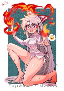 1girl barefoot bow burning carte character_name fire fire fujiwara_no_mokou hair_bow highres kneeling long_hair looking_at_viewer no_pants on_one_knee pyrokinesis red_eyes shirt solo star-shaped_pupils star_(symbol) symbol-shaped_pupils touhou underwear very_long_hair white_shirt
