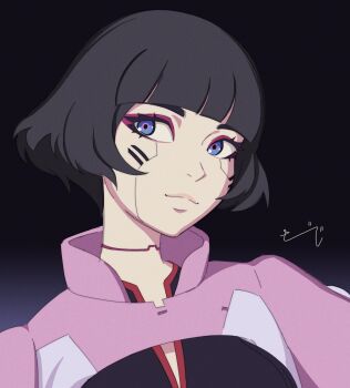 1girl black_hair blue_eyes blunt_bangs commentary cyberpunk:_edgerunners cyberpunk_(series) cyborg english_commentary eyebrows_hidden_by_hair highres hitsuji_(hitsujigoods) light_smile lips pink_shrug portrait sasha_(cyberpunk) short_hair shrug_(clothing) signature solo
