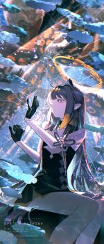 Rule 34 | 1girl, aquarium, bare shoulders, black collar, black dress, black gloves, blunt bangs, clothing cutout, collar, commentary request, crack, cracked glass, cutout above navel, detached sleeves, dress, fcjfior, flat chest, fur-trimmed collar, fur trim, gloves, gradient hair, halo, hands up, headpiece, highres, hololive, hololive english, long hair, looking back, miniskirt, multicolored hair, ninomae ina'nis, ninomae ina'nis (1st costume), orange hair, orange skirt, pointy ears, purple hair, short dress, sidelocks, single detached sleeve, single thighhigh, sitting, skirt, skirt under dress, solo, straight hair, strapless, strapless dress, tentacle hair, thighhighs, tube dress, very long hair, virtual youtuber, white sleeves, white thighhighs