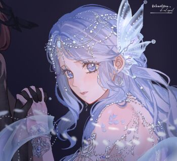 2girls armlet bare_back bare_shoulders black_background black_gloves black_wings blue_eyes blue_hair blue_scales bracelet chant0ru circlet closed_mouth crimson_feather_(infinity_nikki) derivative_work elbow_gloves eyelashes feathered_wings fins flustered gloves hagoromo head_fins head_wings highres holding_hands infinity_nikki interlocked_fingers jewelry light_blush lipstick long_hair makeup mermaid_costume multiple_girls necklace nikki_(nikki) nikki_(series) pink_lips pointy_nose red_hair screenshot_redraw shawl shoulder_blades snowy_ballad_(infinity_nikki) solo_focus the_seer_(infinity_nikki) twitter_username upper_body wings