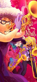 Rule 34 | 3girls, absurdres, bad source, baritone saxophone, black dress, black hat, black necktie, black pants, black suspenders, collared shirt, dark-skinned female, dark skin, dress, glasses, gloves, gradient hair, grey hat, hat, highres, holding, holding instrument, holding saxophone, holding trombone, holding trumpet, instrument, multicolored hair, multiple girls, music, mx iko, necktie, nintendo, opaque glasses, pants, patterned hair, plaid clothes, plaid shirt, playing instrument, purple gloves, red background, red shirt, saxophone, shirt, splatoon (series), splatoon 3, suspenders, sweatdrop, tao blu, tentacle hair, tentacles, tosh (splatoon), trombone, trumpet, white shirt, yoko (splatoon)