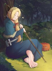 Rule 34 | 1girl, barefoot, blonde hair, closed eyes, dungeon meshi, feet, forest, grass, highres, light blush, long hair, marcille donato, nature, parted lips, sleeping, soles, staff, toes, tree