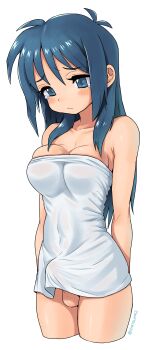 1girl blue_eyes blue_hair blush breasts bulge closed_mouth cropped_legs dress erection erection_under_clothes futanari highres large_breasts long_hair original oyatsu_(mk2) short_dress simple_background solo strapless strapless_dress tearing_up testicles thighs tube_dress twitter_username undersized_clothes white_background white_dress