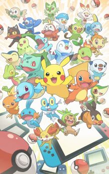 ^_^ absurdres animal_focus arms_up bird black_fur blue_skin bow bowtie bright_pupils bulbasaur cat charmander chespin chikorita chimchar closed_eyes colored_sclera colored_skin commentary_request crocodilian cyndaquil fangs fennekin fox froakie frog fuecoco game_boy game_boy_advance game_boy_advance_(original) gen_1_pokemon gen_2_pokemon gen_3_pokemon gen_4_pokemon gen_5_pokemon gen_6_pokemon gen_7_pokemon gen_8_pokemon green_bow green_bowtie green_fur grookey handheld_game_console highres holding holding_stick litten looking_at_viewer monkey mudkip nintendo nintendo_3ds nintendo_switch no_humans open_mouth orange_fur oshawott owl penguin pig pikachu piplup poke_ball poke_ball_(basic) pokemon pokemon_(creature) popplio quaxly rabbit red_eyes rowlet scorbunny sea_lion smile snivy snout sobble sprigatito squirtle stick tail teeth tepig torchic totodile treecko turtle turtwig whiskers white_fur white_pupils wings yamaori_(hakkentai_pokedan) yellow_sclera yellow_skin