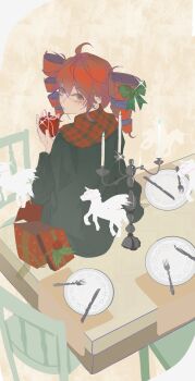 1girl ahoge alternate_costume apple black_jacket box candle candlestand chair drill_hair food fork from_behind fruit gift gift_box guyewwk hair_between_eyes hashtag-only_commentary highres holding holding_food holding_fruit jacket kasane_teto looking_at_viewer on_table pegasus plate red_scarf scarf solo table table_knife twin_drills utau