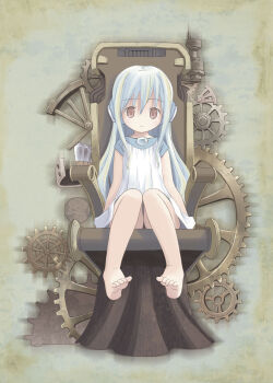 1girl absurdres barefoot brown_eyes chair dress expressionless feet flower_(kowarekake) gears headphones highres kowarekake_no_orgel legs long_hair looking_at_viewer pop_(electromagneticwave) sleeveless sleeveless_dress soles solo toes white_dress white_hair