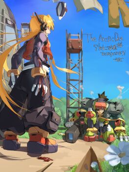 2boys absurdres armor battle_damage biometal black_pants blonde_hair commission craft_(mega_man) eyepatch green_armor gun highres holding holding_gun holding_weapon long_hair male_focus mega_man_(series) mega_man_zero_(series) mega_man_zx model_z_(mega_man) multiple_boys neige_(mega_man) omochi_(mochi_skymega) pants red_armor skeb_commission standing weapon