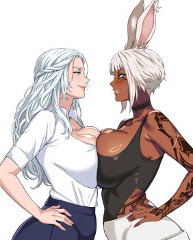 2girls arm_tattoo blue_eyes breast_press breasts colored_skin final_fantasy final_fantasy_xiv jamjamstyle large_breasts long_hair multiple_girls tattoo venat_(ff14) viera warrior_of_light_(ff14) white_hair