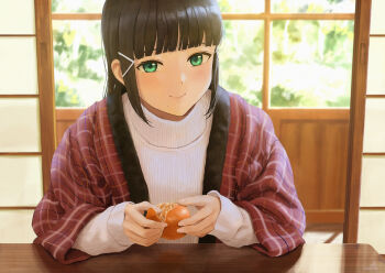 1girl bad_id bad_pixiv_id black_hair blunt_bangs blush closed_mouth day food fruit green_eyes hair_ornament hairclip hanten_(clothes) holding holding_food indoors kurosawa_dia long_hair long_sleeves looking_at_viewer love_live! love_live!_sunshine!! mandarin_orange mole mole_under_mouth open_clothes papi_(papiron100) plaid pov_across_table reflection reflective_table shouji sidelocks sleeves_past_wrists sliding_doors smile solo sweater table upper_body white_sweater wooden_table