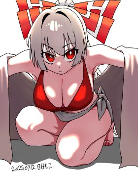 1girl :| absurdres bikini bow breasts bright_pupils closed_mouth dated dot_nose fujiwara_no_mokou grey_hair grey_sarong hair_bow highres large_breasts long_hair looking_at_viewer neophyte outstretched_arms ponytail red_bikini red_bow red_eyes sarong simple_background solo spread_arms squatting swimsuit touhou towel white_background white_bow white_pupils