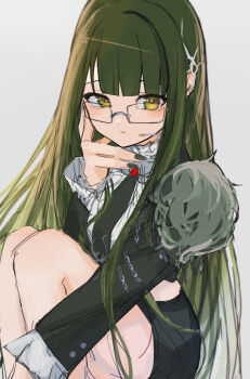1girl :| absurdres bare_legs black_jacket black_nails black_necktie black_skirt blunt_bangs closed_mouth commentary feet_out_of_frame glasses green_eyes green_hair headset highres idolmaster idolmaster_shiny_colors jacket knees_up long_hair long_sleeves looking_at_viewer nail_polish nanakusa_nichika necktie rectangular_eyewear ryo---ta shirt simple_background skirt solo straight_hair very_long_hair white_shirt