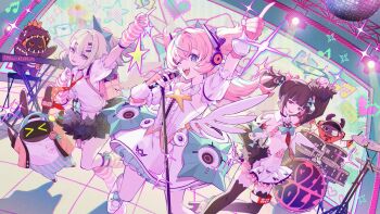 3girls angels_of_delusion aria_(zenless_zone_zero) arm_up arm_warmers backpack bag bangboo_(zenless_zone_zero) black_hair black_skirt black_thighhighs commentary detached_sleeves english_commentary fingerless_gloves gloves green_hair hinatsu holding holding_microphone_stand idol leg_warmers long_hair long_sleeves looking_at_viewer microphone_stand multiple_girls musical_note nangong_yu one_eye_closed open_mouth parted_lips pink_gloves pink_hair second-party_source shirt short_sleeves skirt solo striped_arm_warmers striped_leg_warmers sunna_(zenless_zone_zero) teeth thighhighs upper_teeth_only white_shirt zenless_zone_zero