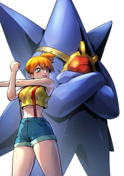 1girl absurdres bare_arms bare_shoulders blue_eyes blue_shorts breasts commentary crop_top crossed_arms denim denim_shorts diagram_(purpleicegram) feet_out_of_frame gen_1_pokemon highres medium_breasts mega_evolution mega_starmie midriff misty_(pokemon) navel nintendo orange_hair outstretched_arm pokemon pokemon_(anime) pokemon_(classic_anime) pokemon_(creature) short_hair shorts side_ponytail standing starmie stretching suspenders tank_top thighs tongue white_background yellow_tank_top