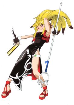 1girl ahoge animal_ears armpits arms_up bandai_namco bare_legs blonde_hair blush body_control brown_eyes commentary crossover dancing dragon_print dress fingerless_gloves fox_ears fox_girl gloves gun handgun happy imitating lips long_hair looking_at_viewer monolith_soft multiple_crossover namco_x_capcom navel one_eye_closed onnaski photoshop_(medium) polearm ponytail pose_imitation project_x_zone red_sandals sandals smile space_channel_5 strap thigh_strap thighs tiptoes toeless_footwear underwear weapon xiaomu