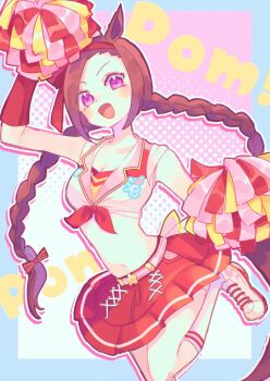1girl animal_ears blush bow braid breasts brown_hair cleavage crop_top ear_bow fingerless_gloves flower_in_eye gloves hairband highres holding holding_pom_poms horse_ears horse_girl horse_tail long_hair looking_at_viewer midriff navel nbnbpuppy official_alternate_costume official_alternate_hairstyle open_mouth pom_pom_(cheerleading) pom_poms purple_eyes red_gloves red_hairband red_skirt sakura_bakushin_o_(red-hot_leader)_(umamusume) sakura_bakushin_o_(umamusume) shirt shoes skirt smile socks solo stomach symbol_in_eye tail tied_shirt twin_braids umamusume white_shirt white_socks