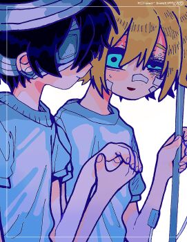 2boys artist_name bandaged_head bandages bandaid bandaid_on_cheek bandaid_on_face bandaid_on_nose basil_(faraway)_(omori) basil_(hospital_gown)_(omori) basil_(omori) black_hair blonde_hair blue_eyes bruise bruised_eye closed_mouth commentary_request eyepatch highres holding_hands hospital_gown injury kobanzame_omo looking_at_another male_focus medical_eyepatch multiple_boys omori parted_lips sidelocks smile spoilers sunny_(hospital_gown)_(omori) sunny_(omori) twitter_username white_background yaoi