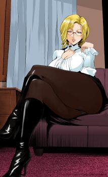 1girl absurdres ale_(ale_halexxx) ass black_skirt blonde_hair boots breasts carpet chair cleavage_cutout clothing_cutout colorized crossed_legs curtains glasses glynda_goodwitch green_eyes high_heel_boots high_heels highres knee_boots large_breasts long_sleeves looking_at_viewer miniskirt panties pantyhose pantyshot pencil_skirt rwby shirt short_hair sitting skirt smirk solo teacher thick_thighs thighs underwear white_shirt