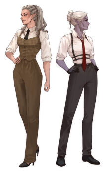 Rule 34 | 2girls, absurdres, alternate costume, annasassiart, baldur's gate, baldur's gate 3, belt, black footwear, black necktie, black pants, blonde hair, braid, brown eyes, brown pants, brown vest, buttons, collared shirt, colored skin, commentary, contemporary, dark elf, elf, english commentary, full body, grey hair, hair bun, hand on own hip, hands on own hips, high heels, highres, jaheira, mature female, medium hair, minthara, multiple braids, multiple girls, necktie, pants, parted lips, plaid clothes, plaid vest, pointy ears, profile, purple skin, red eyes, red necktie, shirt, shirt tucked in, short hair, simple background, single hair bun, sleeves rolled up, smile, standing, vest, white background, white shirt, wrinkled skin