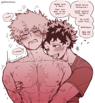 2boys abs bakugou_katsuki blush boku_no_hero_academia clothed_male_nude_male collarbone dekudash drooling english_text fingernails highres licking_shoulder male_focus midoriya_izuku moaning monochrome multiple_boys multiple_scars nipples nude one_eye_closed pectorals protected_link saliva scar scar_on_arm scar_on_chest scar_on_face shirt simple_background speech_bubble sweat tears tongue twitter_username white_background yaoi