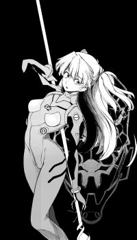 1girl bodysuit breasts commentary curvy eva_02 feet_out_of_frame floating_hair greyscale hair_between_eyes hairpods highres holding holding_behind_back holding_polearm holding_weapon holding_weapon_behind_back interface_headset_(evangelion) lance_of_longinus_(evangelion) long_hair looking_at_viewer lvup1234 mecha_pilot_suit medium_breasts monochrome neon_genesis_evangelion parted_lips plugsuit_(evangelion) polearm simple_background skin_tight solo souryuu_asuka_langley standing very_long_hair weapon