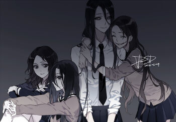 4girls ^_^ black_eyes black_hair cardigan_vest closed_eyes creepypasta glasgow_smile hair_between_eyes hasshaku-sama hug japanese_urban_legends kuchisake-onna long_hair long_hair_between_eyes long_sleeves looking_at_viewer looking_to_the_side multiple_girls necktie psd saeki_kayako school_uniform seiza short_hair sitting skirt sleeves_rolled_up smile the_grudge the_ring trait_connection very_long_hair white_eyes yamamura_sadako