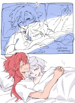 2girls artist_name blush closed_eyes closed_mouth commentary_request cuddling dated gundam gundam_suisei_no_majo koma_(remi_398) long_hair miorine_rembran multiple_girls one_eye_closed parted_lips pillow shirt sleeping smile suletta_mercury thick_eyebrows twitter_username under_covers white_shirt yuri