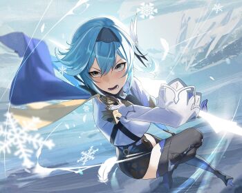 1girl black_thighhighs blue_hair cape daniel_deng eula_(genshin_impact) genshin_impact glaring gloves glowing hairband high_heels highres holding holding_sword holding_weapon leotard long_sleeves open_mouth scenery snow solo sword thighhighs vambraces weapon wide_sleeves yellow_eyes