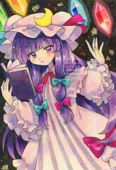 1girl bat_wings book bow crescent crescent_hat_ornament double_bun dress hair_bow hair_bun hat hat_ornament highres long_hair looking_at_viewer maa_(forsythia1729) mob_cap patchouli_knowledge purple_eyes purple_hair solo striped_clothes striped_dress touhou vertical-striped_clothes vertical-striped_dress wings